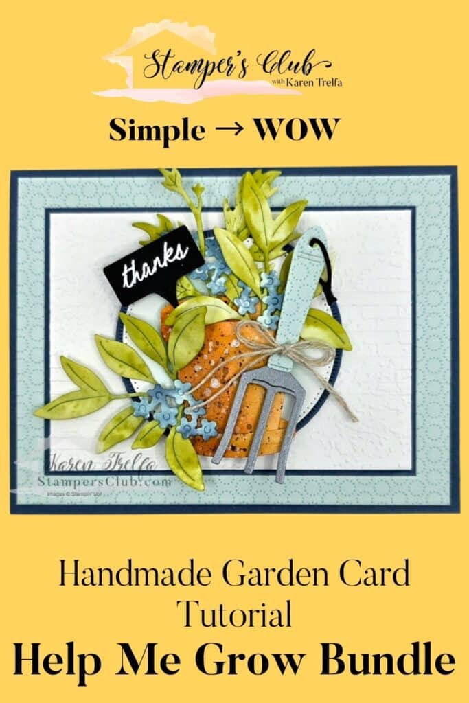 Handmade garden card tutorial using the Stampin' Up Help Me Grow Bundle — watercolored terracotta pot with leaves, flowers, and garden rake, simple to wow card comparison