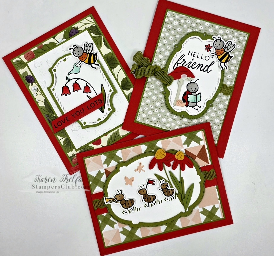 June free card class preview — three handmade cards featuring bees, bugs and garden themes