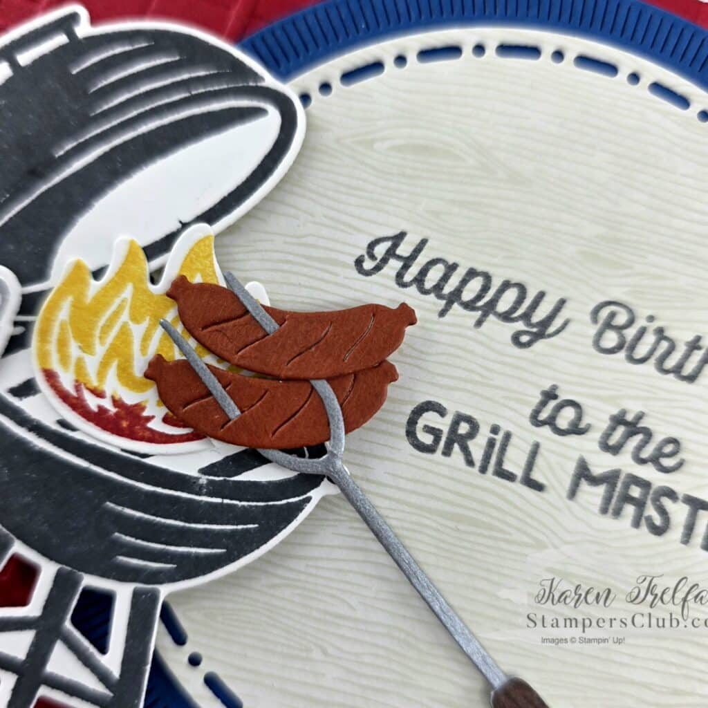 BBQ Master grill master card detail hotdogs on fork stampin up by Karen Trelfa Stampers Club