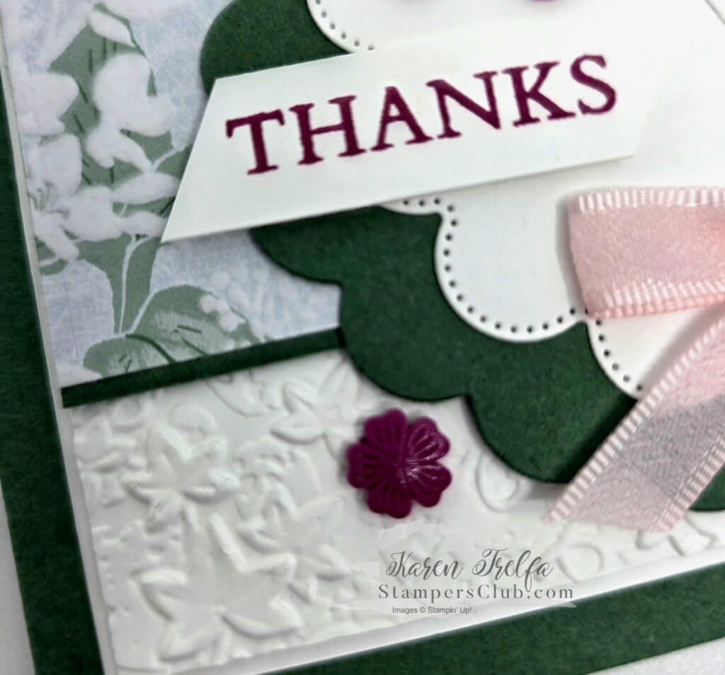 Velvet Meadow card embossed background and thanks sentiment detail stampin up Karen Trelfa