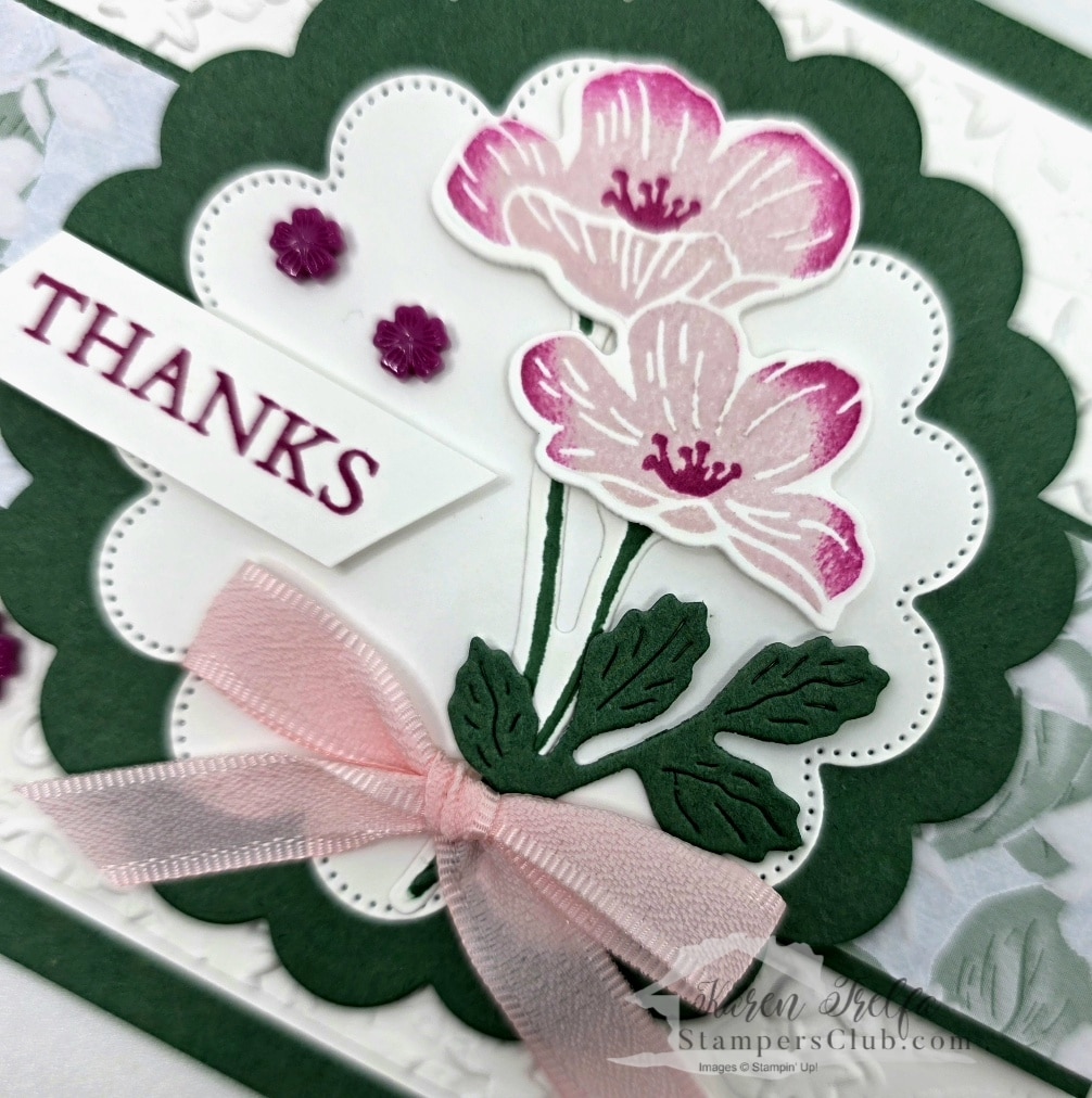 Velvet Meadow card flower and bow detail two ink stamping technique stampin up Karen Trelfa