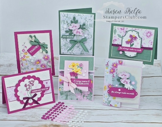 Six handmade cards using the Stampin' Up Velvet Meadow suite in berry burst and peaceful pine, including a gate fold and fun fold card, created for the Stampers Club June 2026 Club Create kit.