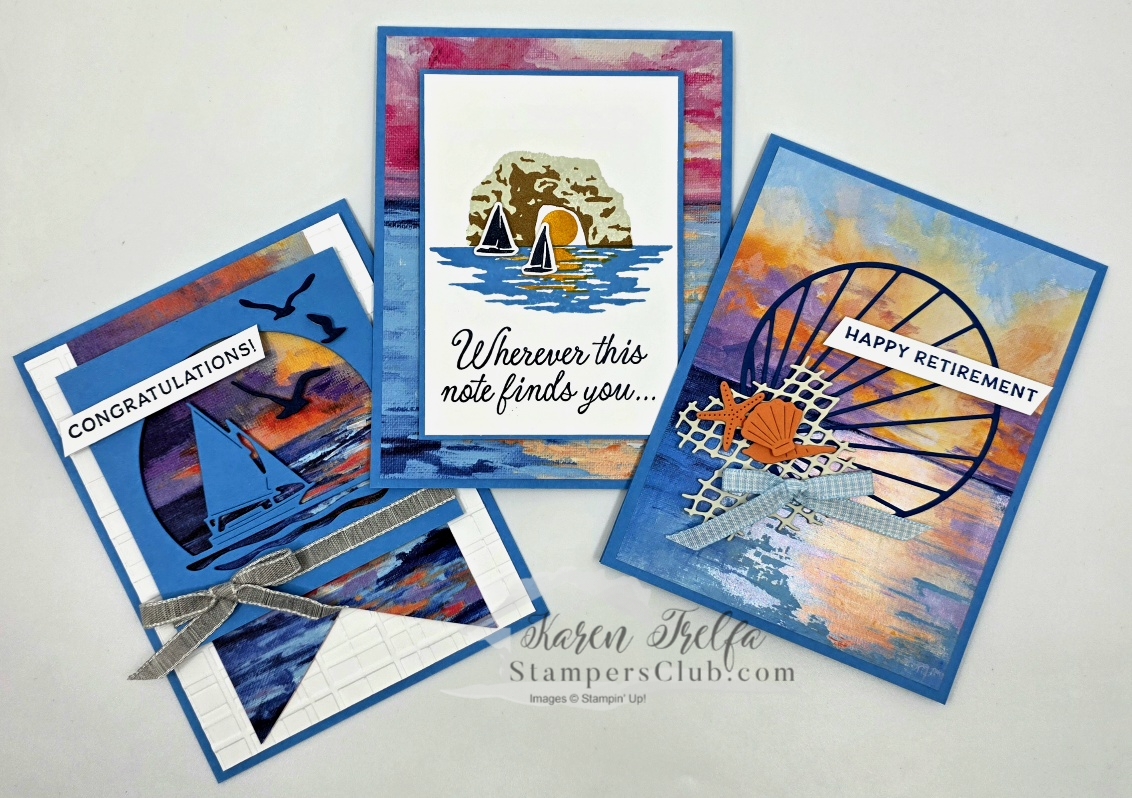 July free card class preview — three handmade cards featuring sailboats, seashells and coastal watercolor scenes