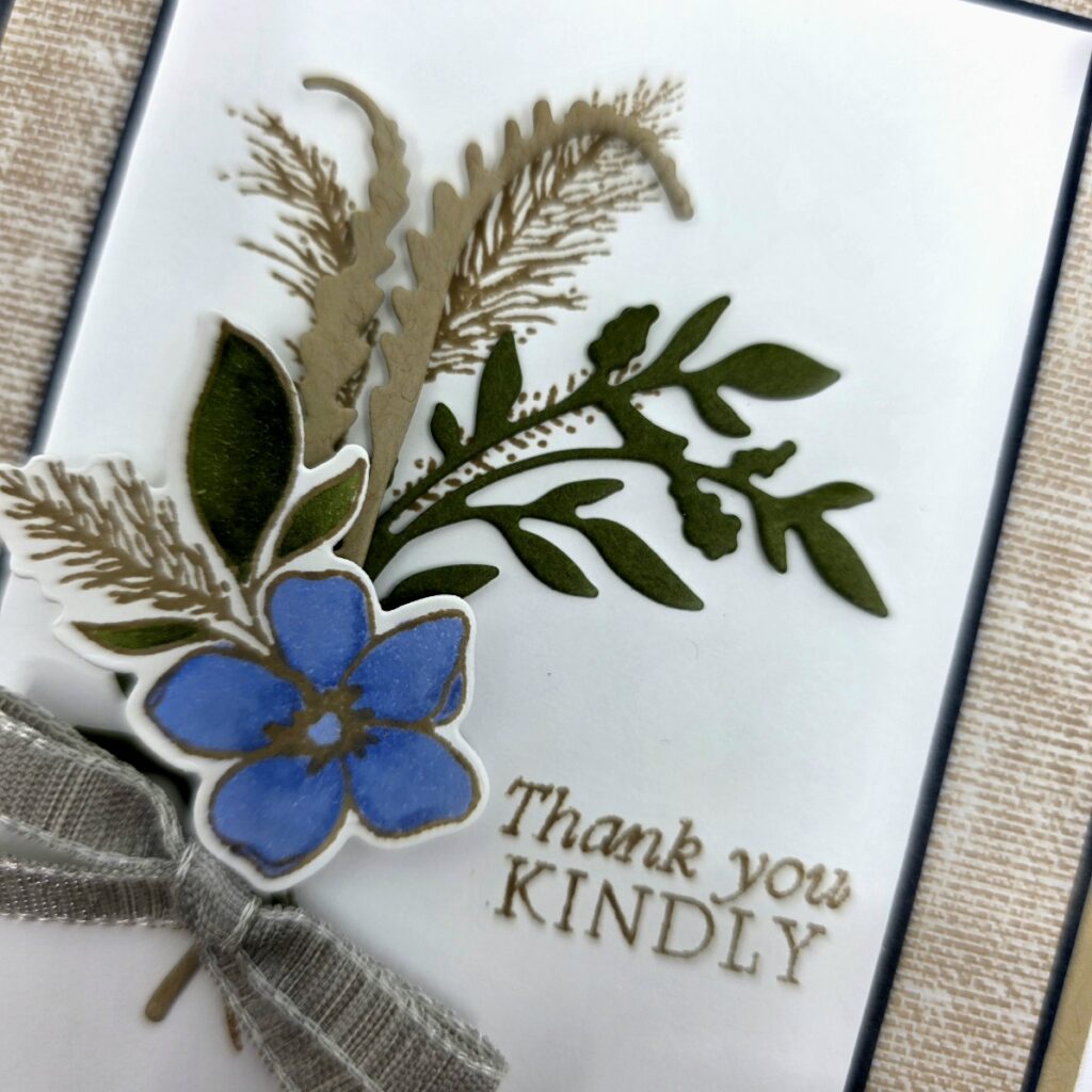 delicate-dreams-botanical-cluster-detail Close up of Stampin Up Delicate Whispers die cuts colored with Mossy Meadow and Hydrangea Blue Stampin Blends