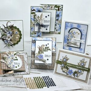 Six handmade Stampin' Up! Delicate Dreams cards in blue, green, and tan featuring botanical florals, leaves, and feathers — including fun fold designs with sentiments like Thank You Kindly, Hello Friend, and Wishing You Happiness and Love