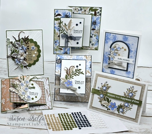 delicate-dreams-stampin-up-card-class-collection Six handmade Stampin' Up! Delicate Dreams cards in blue, green, and tan featuring botanical florals, leaves, and feathers — including fun fold designs with sentiments like Thank You Kindly, Hello Friend, and Wishing You Happiness and Love