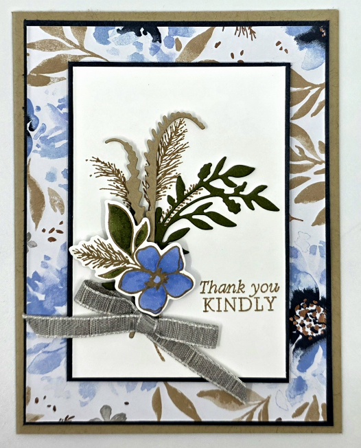 delicate-dreams-thank-you-card-floral-dsp Handmade thank you card using Stampin Up Delicate Dreams floral designer series paper with Secret Sea and kraft cardstock