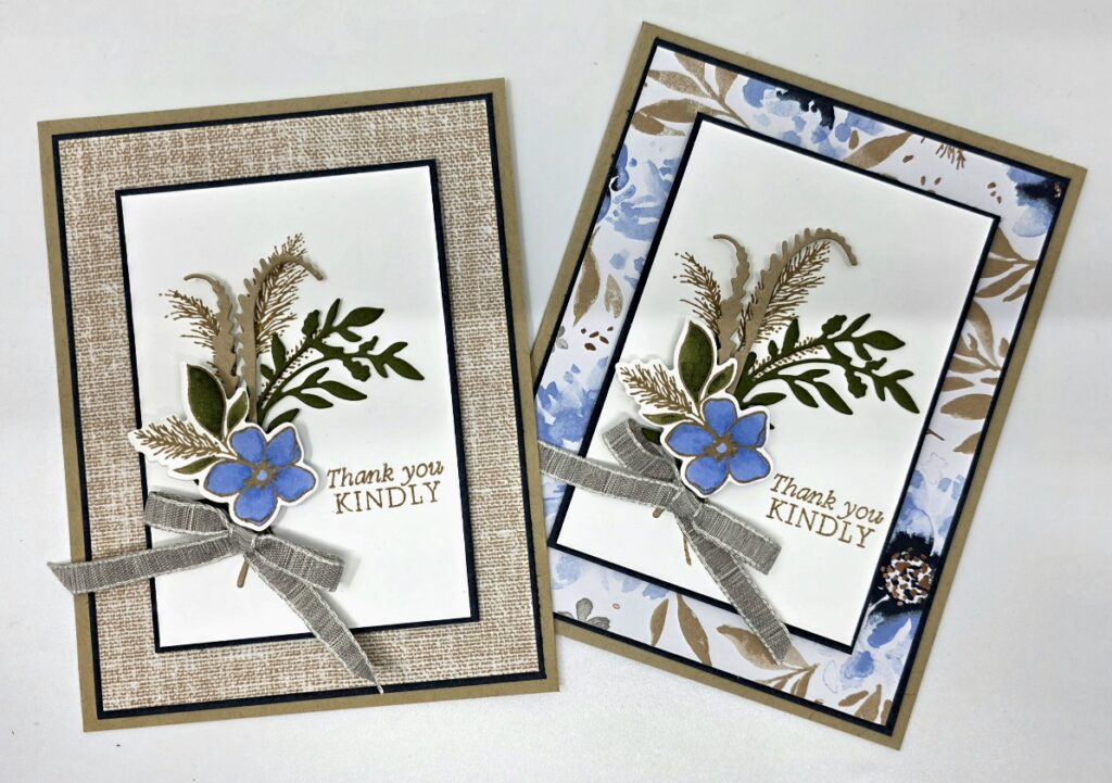 Two handmade thank you cards using the Stampin Up Delicate Dreams suite with kraft and floral designer series paper