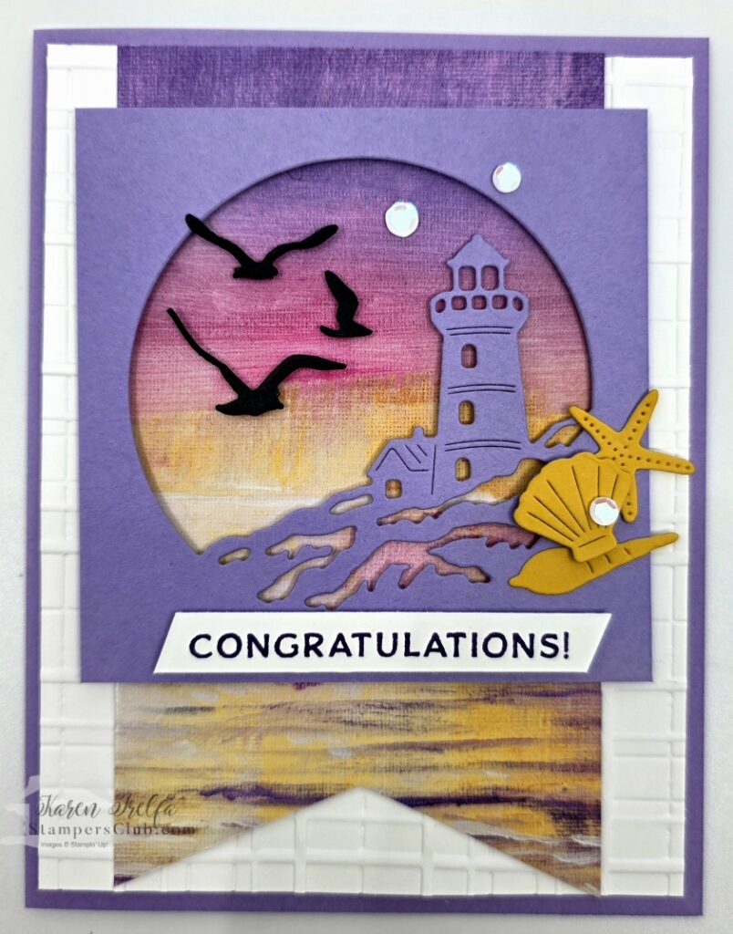 Stampin Up Sunset Coast Bundle congratulations card in Highland Heather and Crushed Curry with lighthouse die cut and Scenic Coast designer series paper
