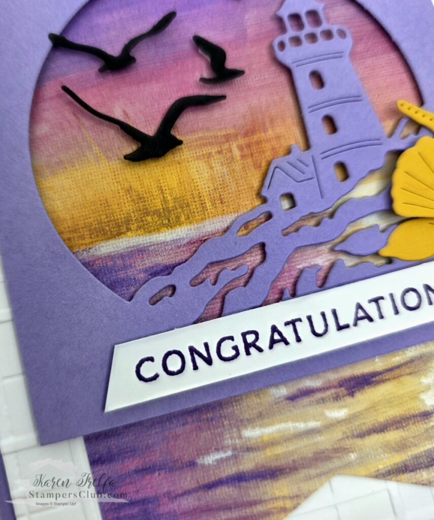 sunset-coast-bundle-seagulls-close-up Close up of black die cut seagulls and lighthouse on Stampin Up Sunset Coast Bundle card