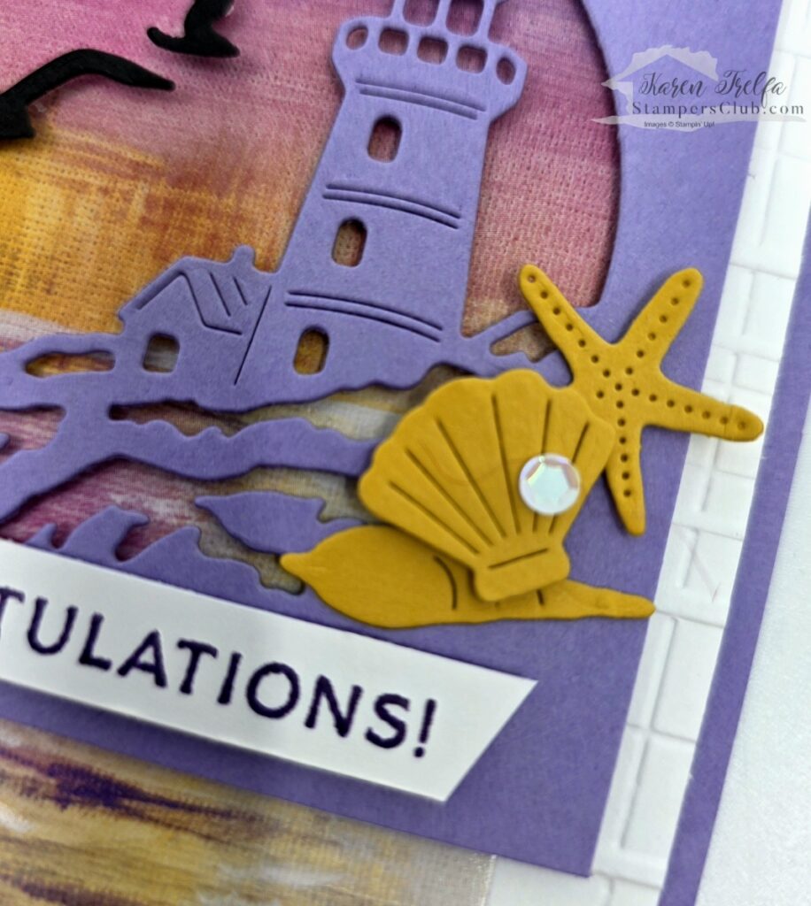 sunset-coast-bundle-seashells-close-up Crushed Curry seashell and starfish die cuts with adhesive sequin on Stampin Up Sunset Coast Bundle card Image 3 is also your strongest candidate to replace the green cutting mat photo in your blog post featured image slot — the white background reads much cleaner. Use it there too.
