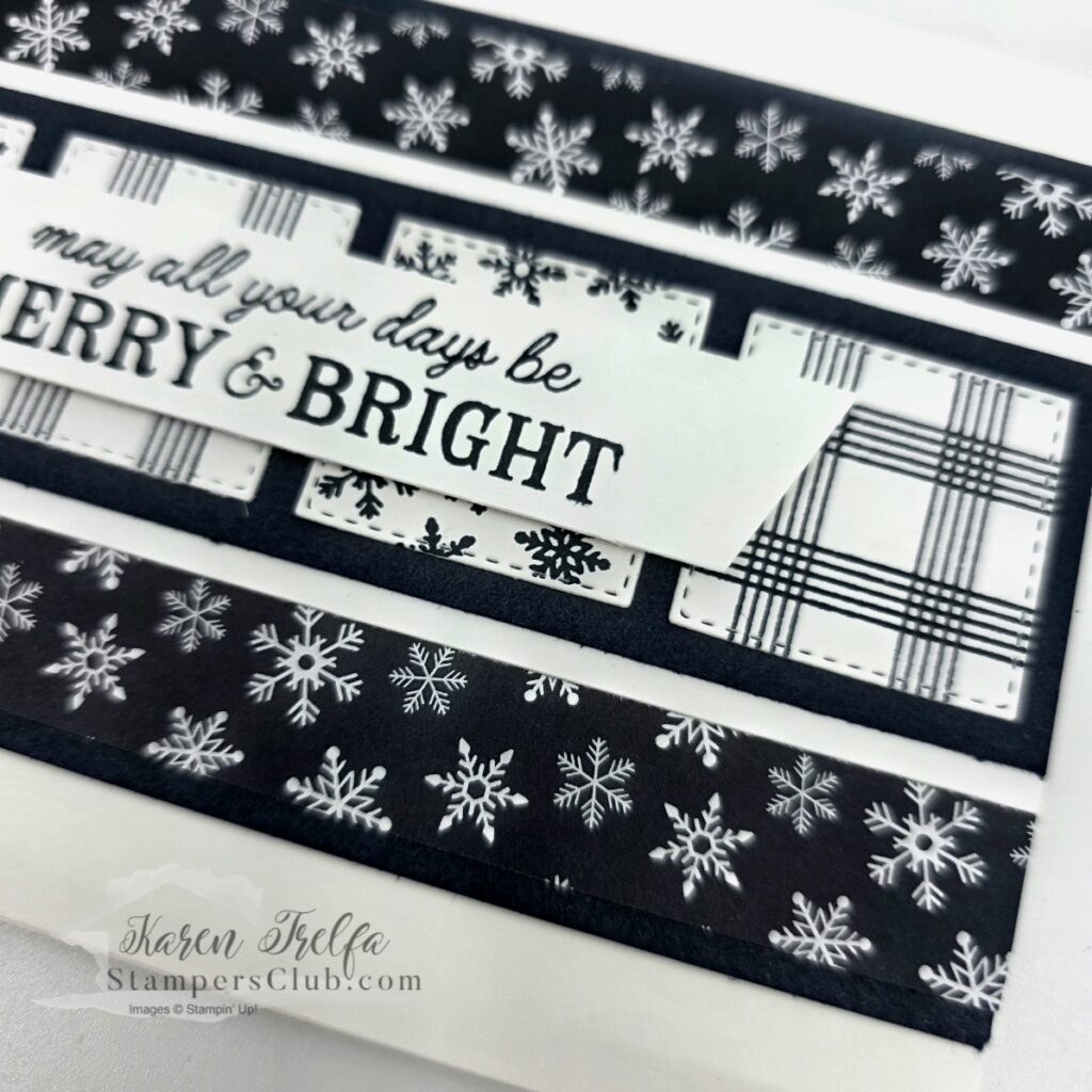 Non traditional Christmas card idea strips and die cut squares Stitched Stocking Bundle Karen Trelfa Stampers Club