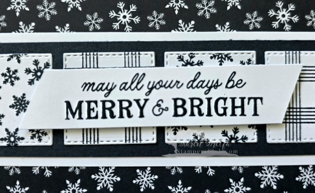 Merry and bright sentiment detail non traditional Christmas card Stitched Stocking Bundle Karen Trelfa Stampers Club