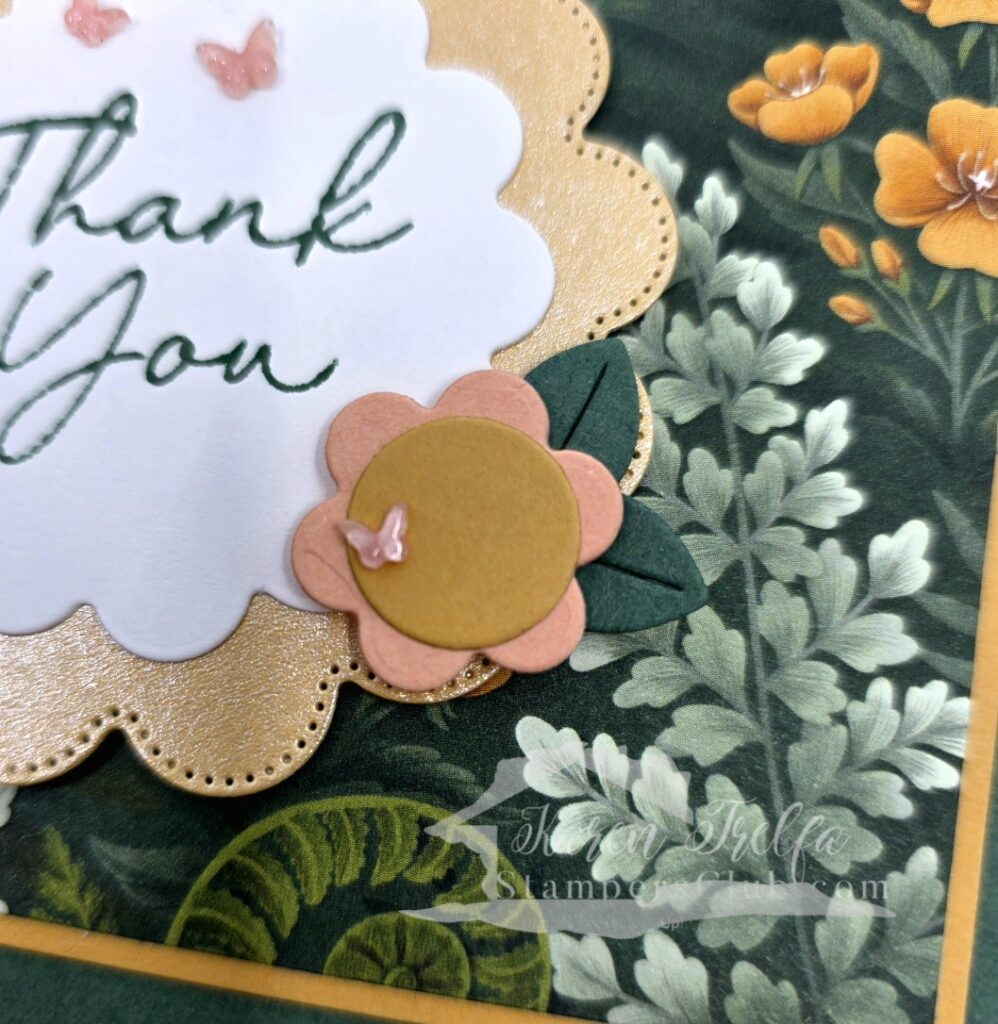 Scalloped card flower accent and butterfly detail Scalloped Blooms Bundle Karen Trelfa Stampers Club