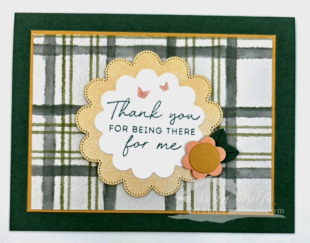 Full view scalloped card plaid designer series paper Scalloped Blooms Bundle Karen Trelfa Stampers Club
