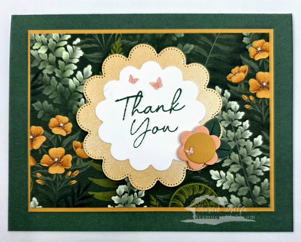 Full view scalloped card thank you Fern Flora designer series paper Scalloped Blooms Bundle Karen Trelfa Stampers Club