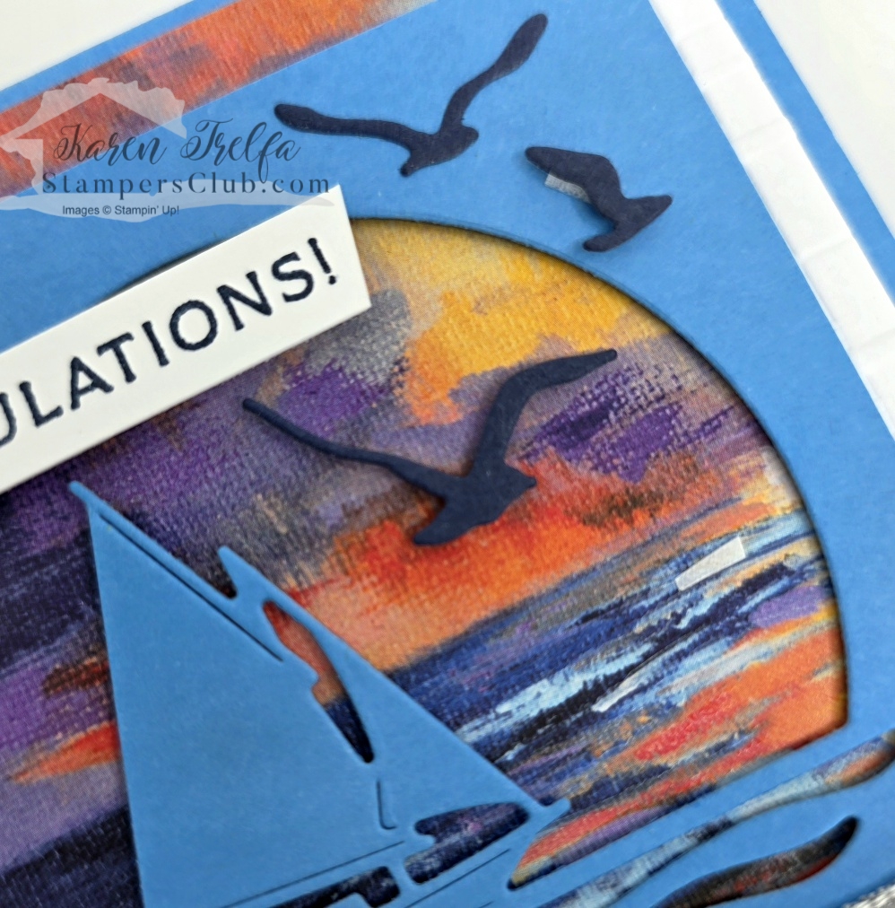 scenic-coast-seagull-sunset-circle-detail Close-up of Secret Sea seagull die cuts and sunset circle window on a Scenic Coast Stampin' Up Congratulations card showing painted designer paper in orange and purple tones through the die cut frame