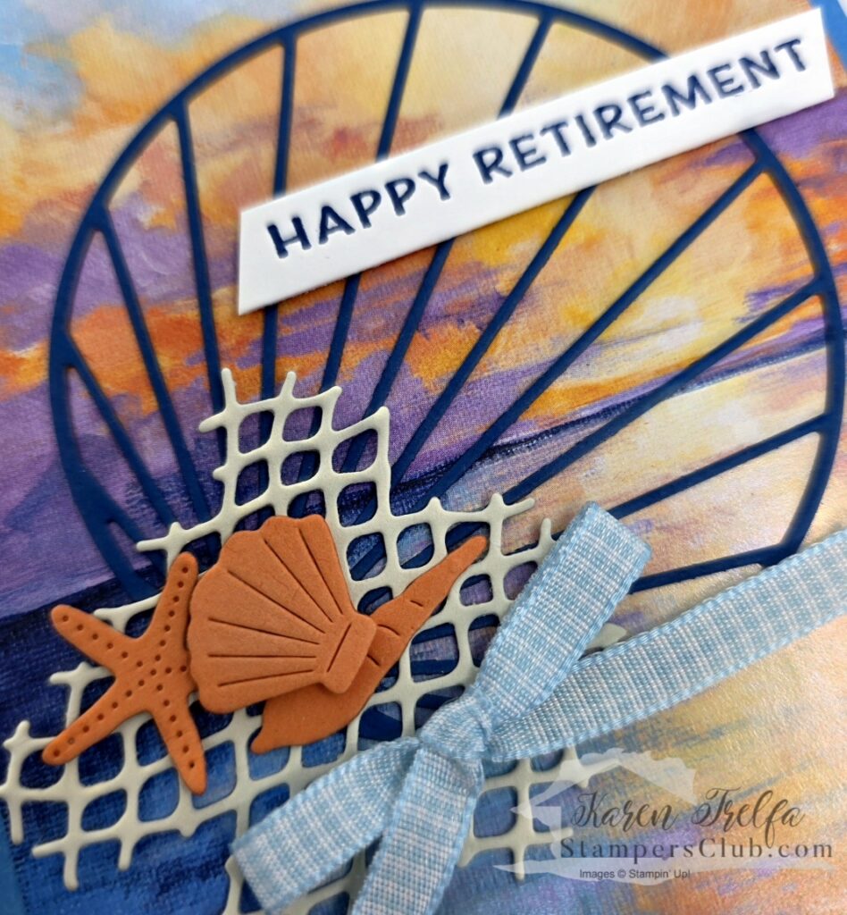 scenic-coast-seashell-starfish-detail Close-up of Timid Tiger seashell and starfish die cuts layered on a cream netting die cut with Balmy Blue Gingham ribbon from a Scenic Coast Stampin' Up retirement card